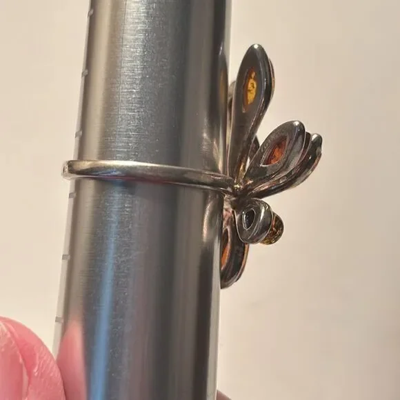 Sterling Silver Baltic Amber Floral Sunburst Multi Stone Cocktail Statement Ring